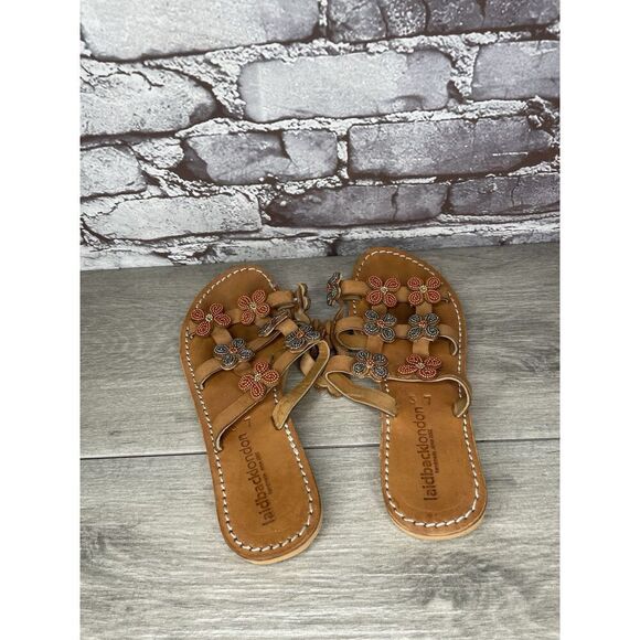 Laidback London Brown Leather Handmade Boho Floral Beaded Sandals Women 7US/38EU - Picture 5 of 16